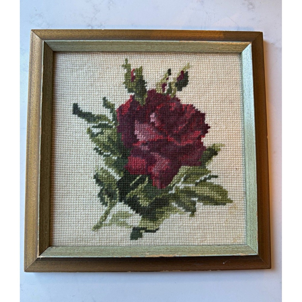 Framed Vintage Cross Stitch Needlepoint Red Rose Floral Embroidery Cottagecore